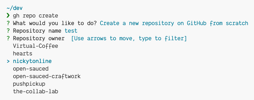 The GitHub CLI prompting for a repository owner