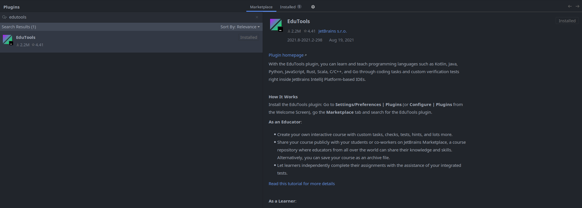 edutools no marketplace do IntelliJ