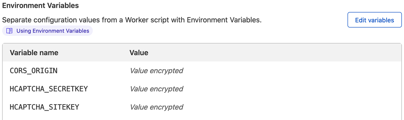 Using Rust Cloudflare Workers: Test Route: Cloud flare dashboard screenshot with the names of the environment variable just set up listed within the Environment Variable section. The values are not shown, in their place is the text Value encrypted