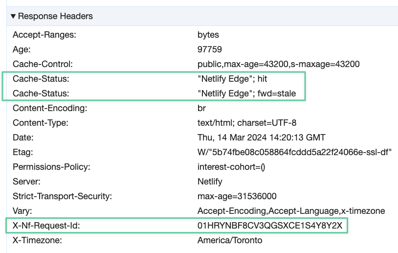 Response headers from nickyt.co's homepage showing some custom Netlify headers being set