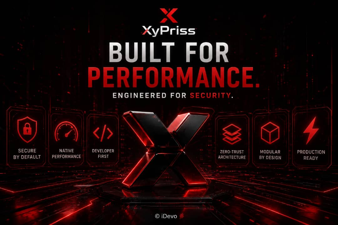 XyPriss banner - Built for Performance, Engineered for Security, showing architectural principles like Zero-Trust, Native Performance, and Modular design
