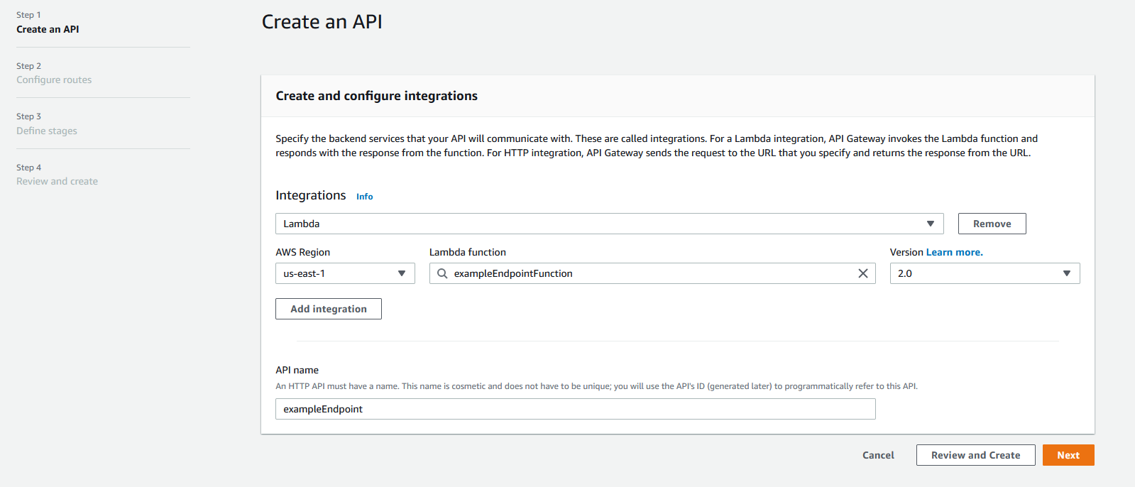 The first step to creating an API. This API has a "Lambda" integration with a Lambda function set as example endpoint function. The API name field is also filled in.