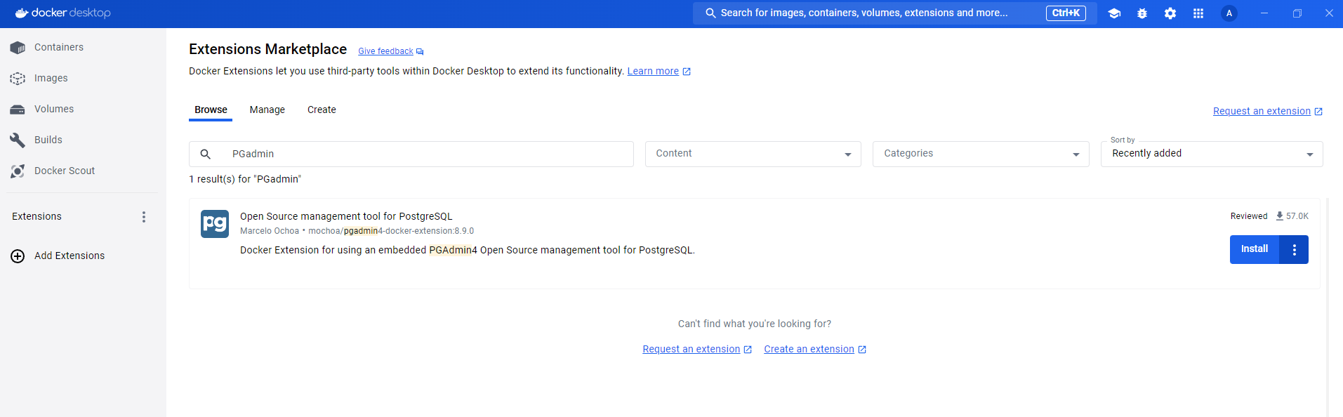 docker desktop extension marketplace pgAdmin4