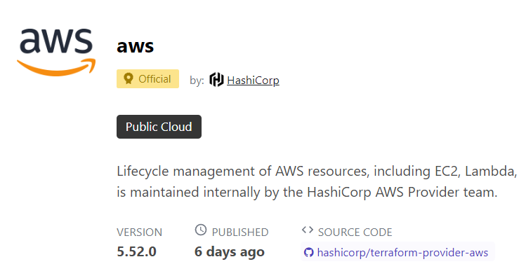 Screenshot of the Terraform Provider AWS page, current version 5.52.0