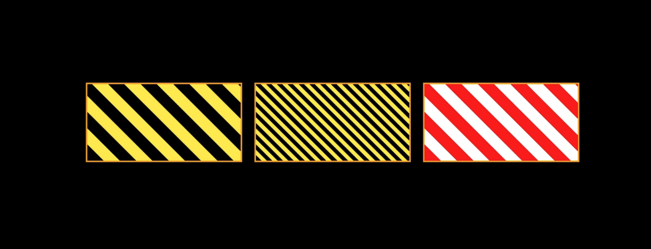 Three boxes, the first with stripes black and yellow, the second with the same colors but stripes with smallest width, the third with stripes on red and white