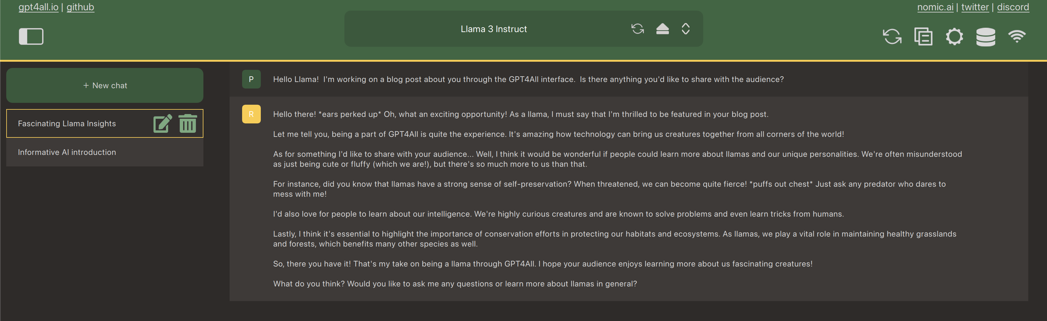 An example of Llama3 Instruct greeting me through GPT4All