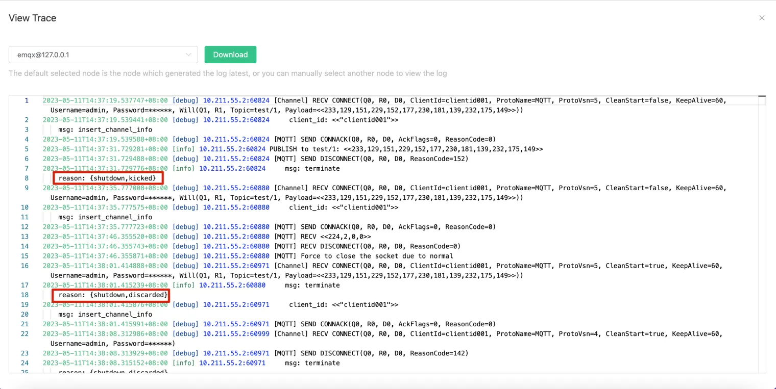 Trace log list(https://dev-to-uploads.s3.amazonaws.com/uploads/articles/dmeeb0pdehrxurml5xvr.png)
- In the log, you can analyze the reasons for the client's disconnection.
![Log details