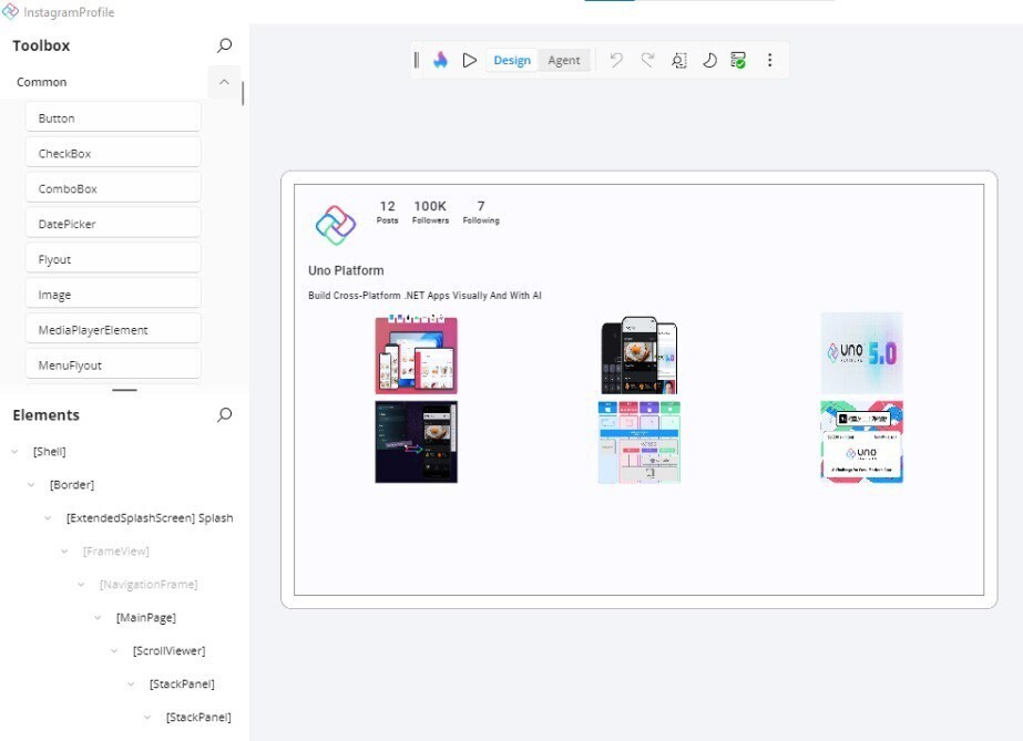 採用 Uno Platform Hot Design 設計的 Instagram 風格個人資料介面