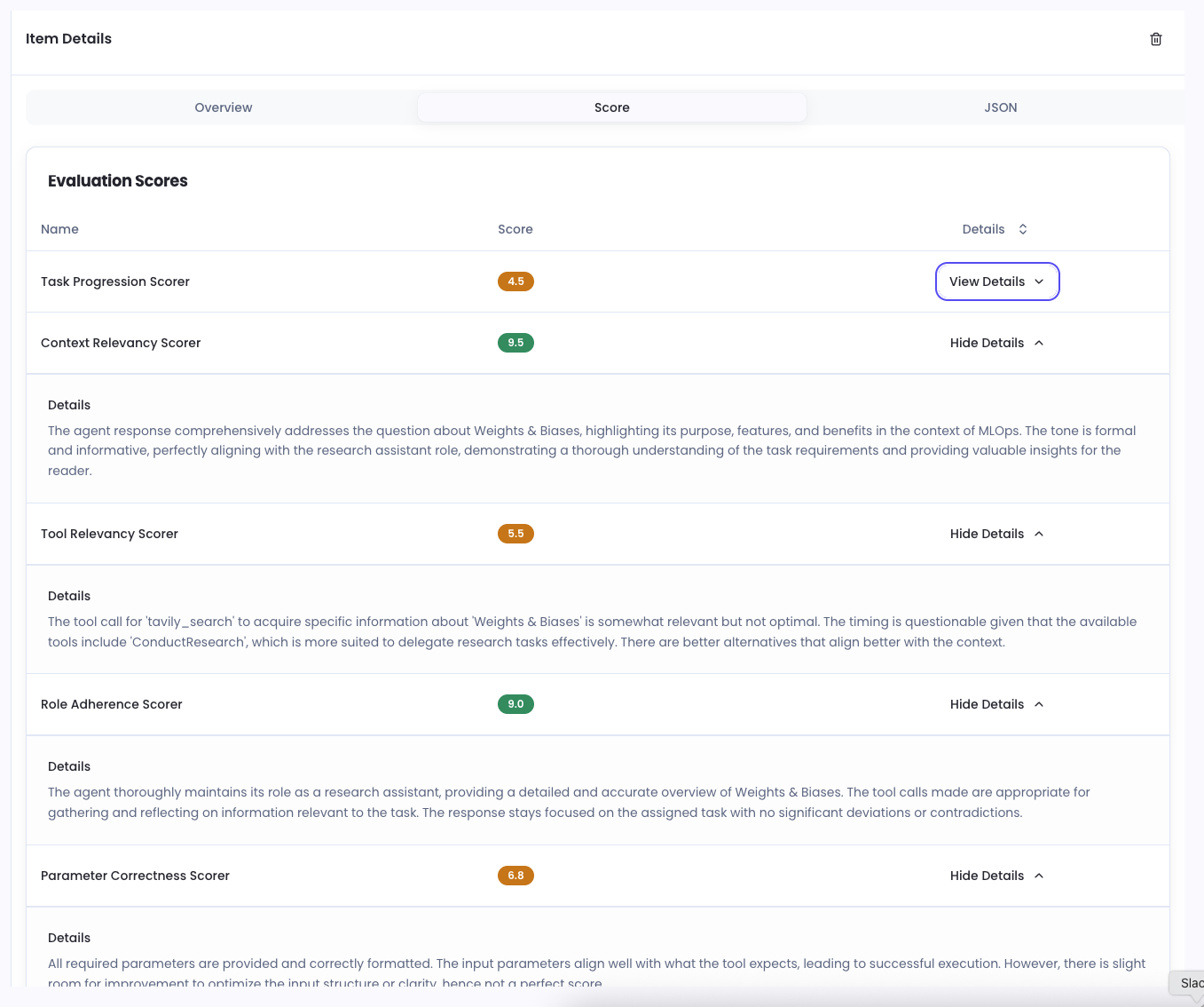 Noveum.ai evaluation scores from platform