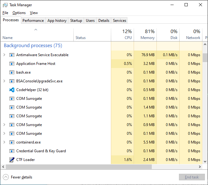 Task Manager Process Listing