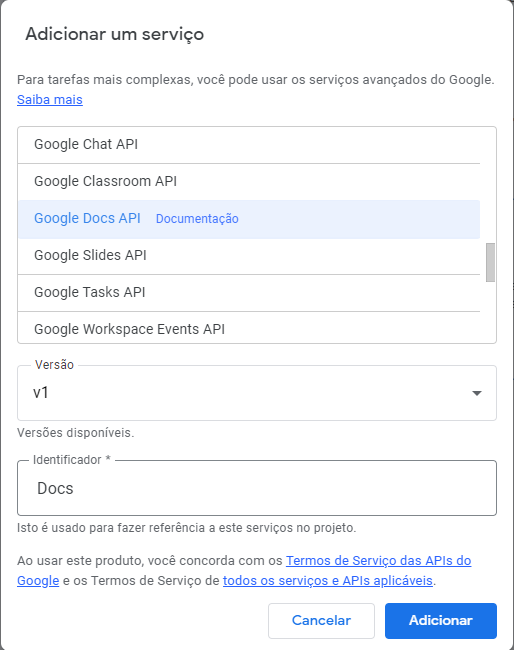 Imagem da modal com as APIs integradas ao Apps Script