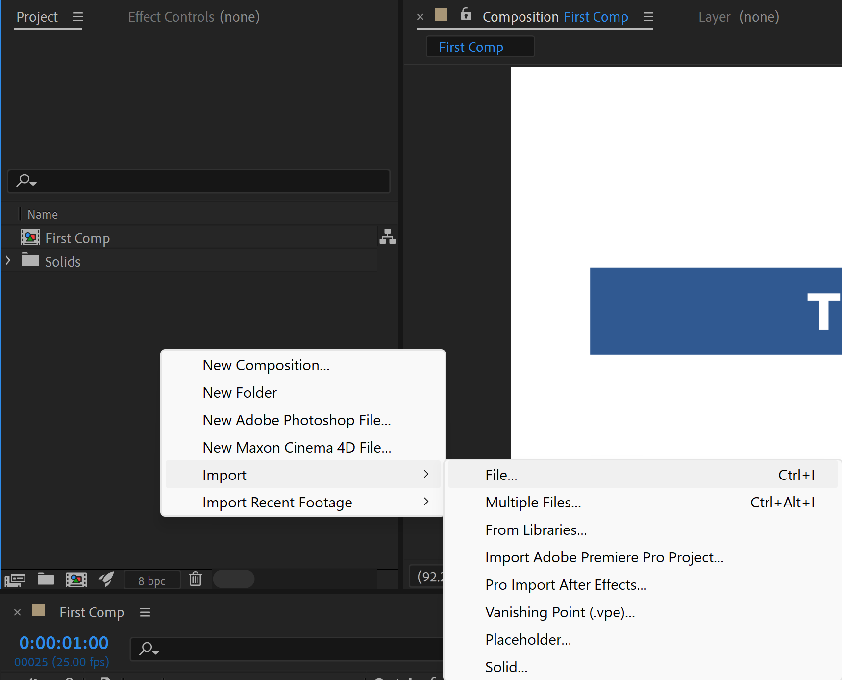 Screenshot showing the journey of how to import footage into after effects from right clicking the project panel.