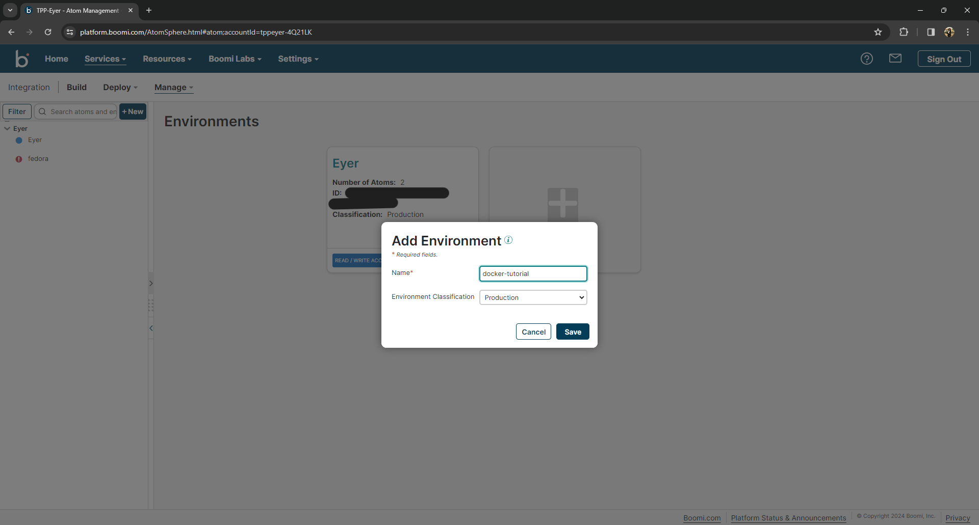 Open modal to create a new Boomi Environment