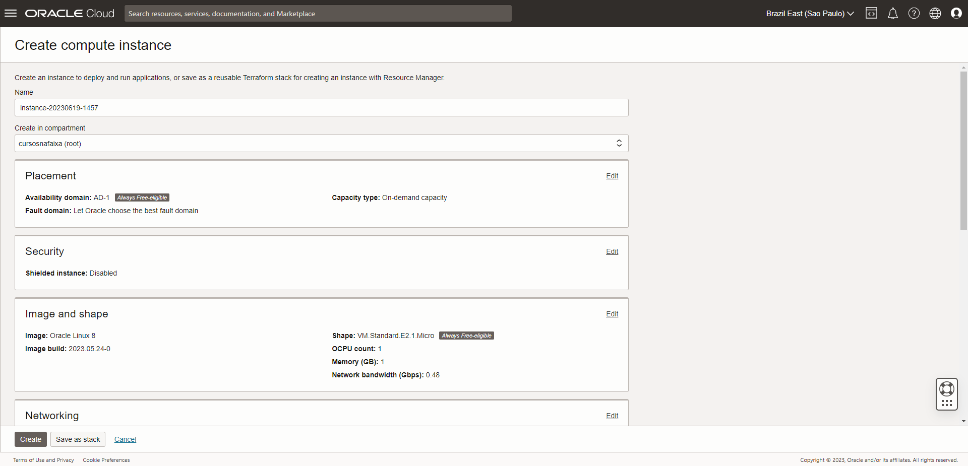 Tela de instâncias - criando sua instância