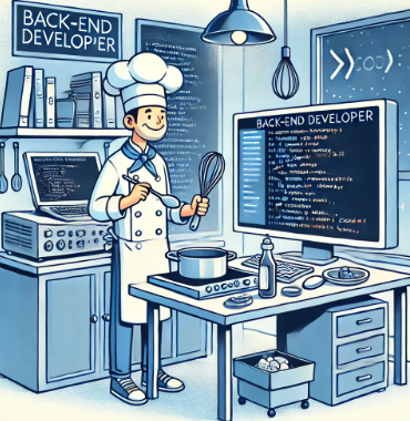 Digital illustration of a Back-End Developer as a chef, surrounded by computer screens and lines of code in a high-tech kitchen setting. The chef wears a traditional white hat and apron, creatively symbolizing the blending of culinary skills with software development.