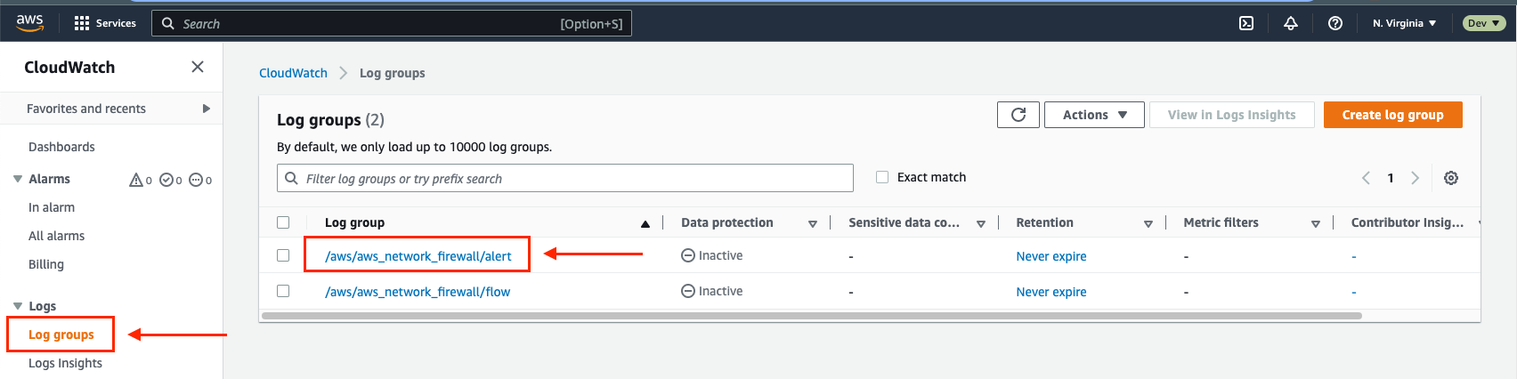 In the AWS Console, go to CloudWatch and select the logs groups