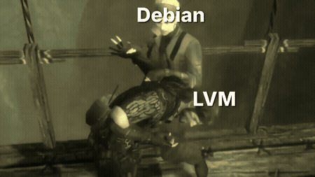 Animated GIF depicting a fight between Debian and LVM as the fight between the Boss and Snake from Metal Gear Solid 3.