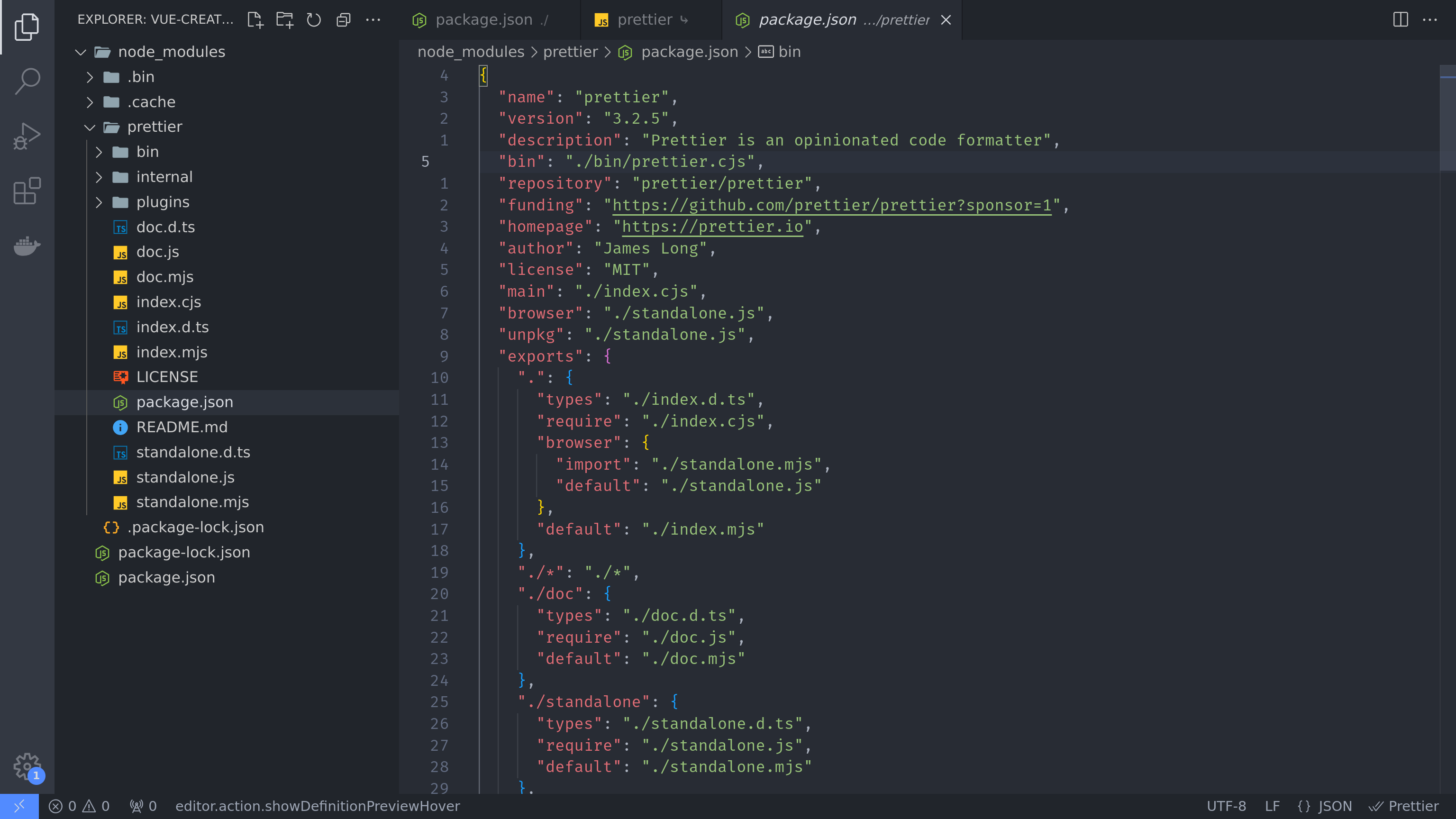 A screenshot displaying the contents of the 'package.json' file for the Prettier package