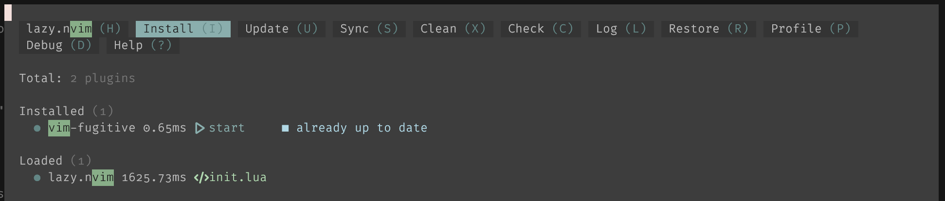 Screenshot showing lazy.nvim has installed vim-fugitive