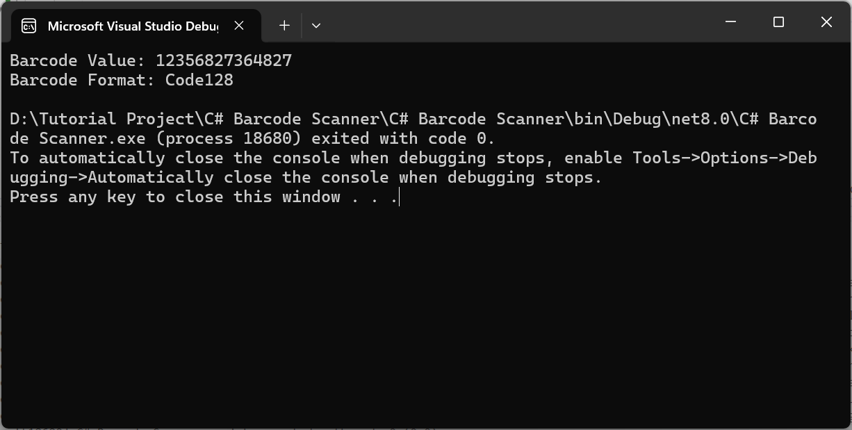 Output - Reading Barcode in C#