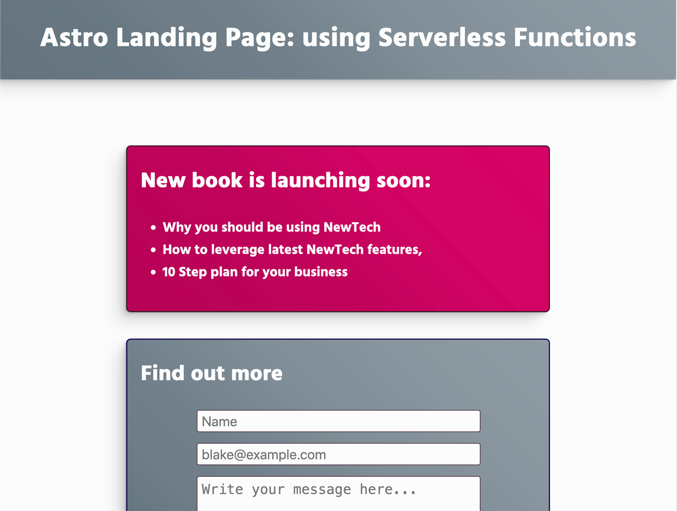Astro Landing Page Form: Netlify Serverless Contact Form: Screenshot of app showing contact form on landing page.