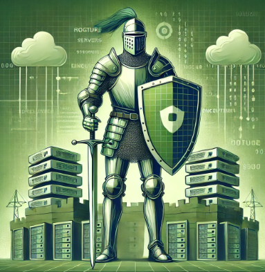 Here is the illustration for the Cybersecurity Specialist depicted as a knight, designed in shades of green. This image portrays the knight in digital-themed armor, guarding a fortress of computer servers, symbolizing the strong defense against cyber threats.ription