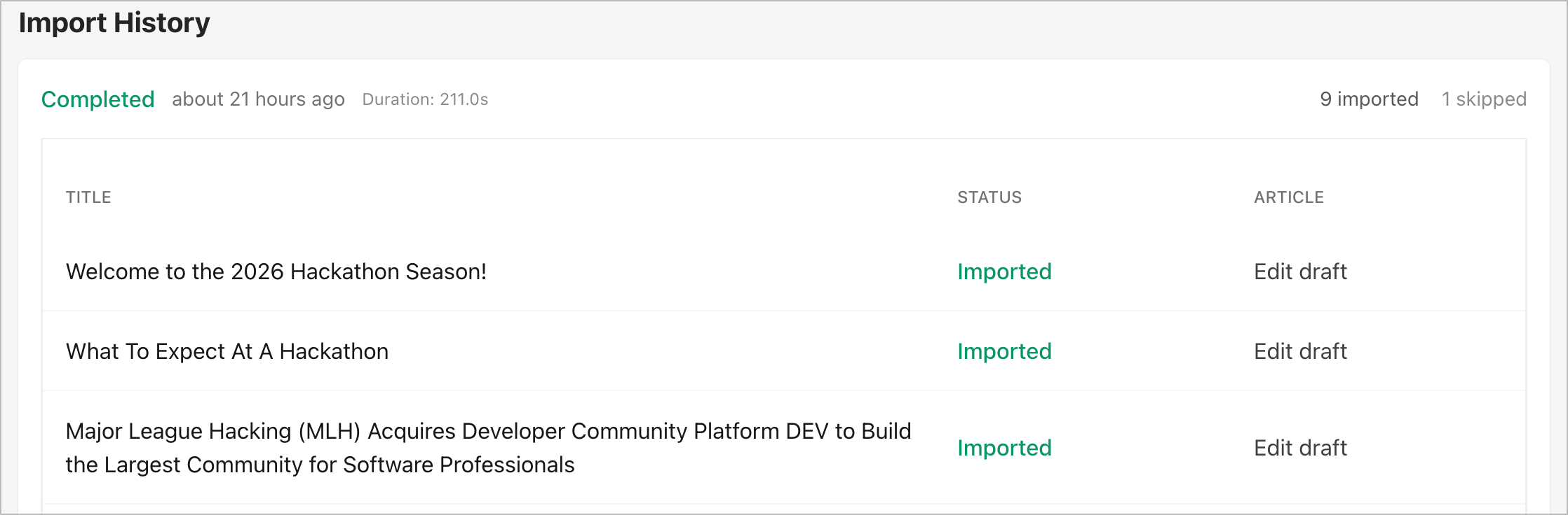 RSS Feed Import Status