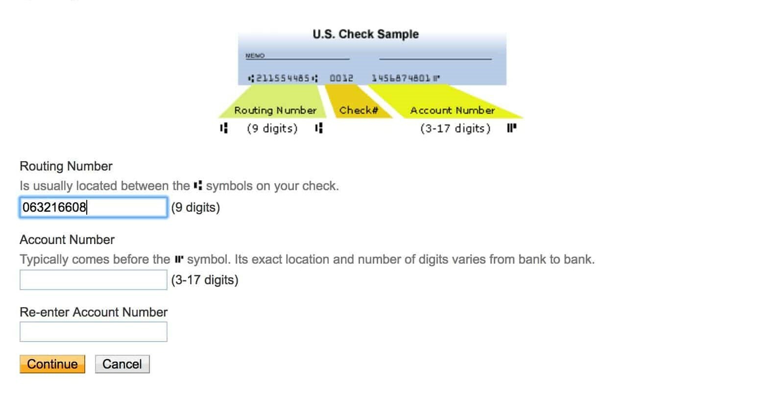 Example routing and account number form showing a check image at the top, a field for routing number, and two account number fields