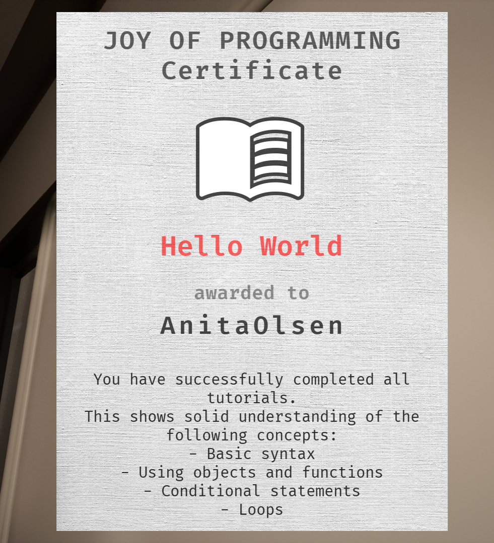JOY OF PROGRAMMING certificate