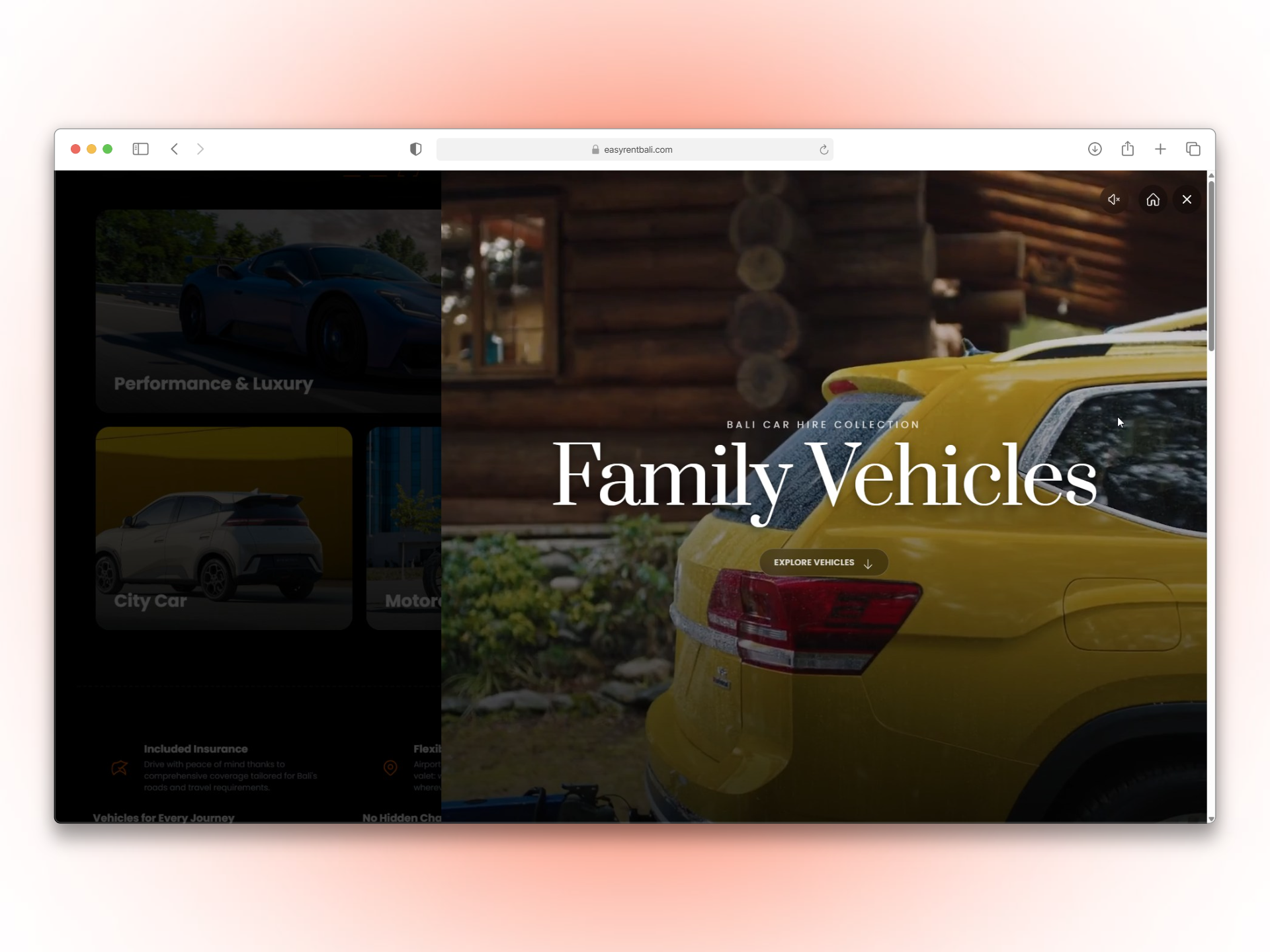 The vehicle selection page of the Easy Rent Bali website on a mobile device, displaying different car models with clear pricing and high-quality images.