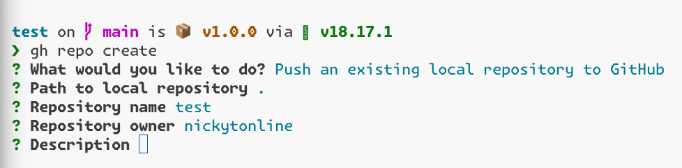 The GitHub CLI prompting for a description for the repository
