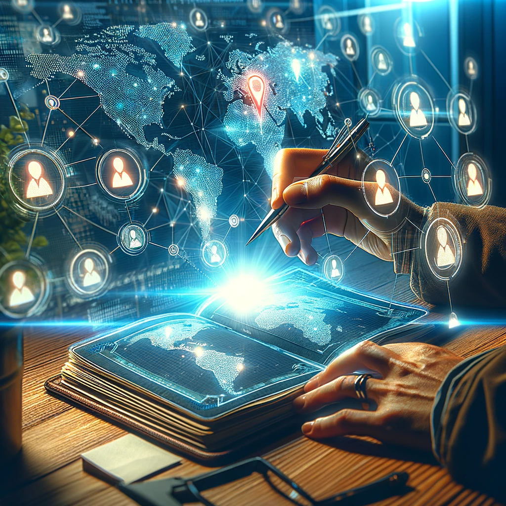 A dynamic scene where a professional is sitting at a desk, journal open and glowing, as they interact with a digital world map on a screen in front of them. Pins and connections across the map indicate their engagement with a global professional community. The image conveys how sharing insights from a working journal can enhance personal branding and foster community engagement.