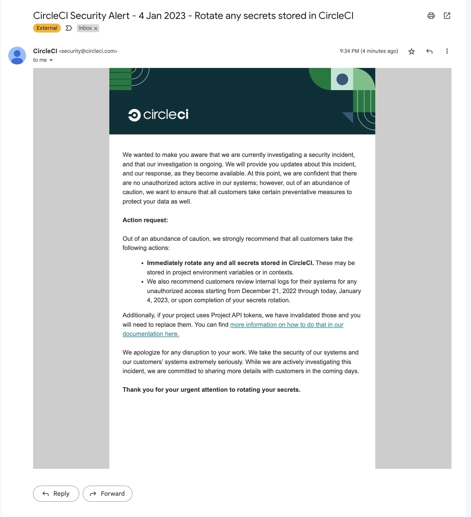 Email sent by circle ci