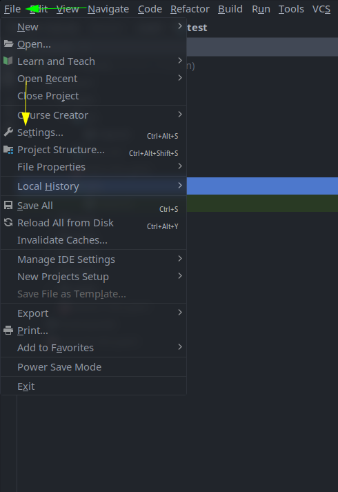 Localização do menu settings do IntelliJ