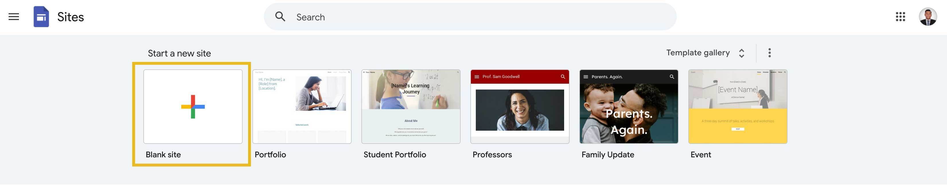 Start with Blank Page from Google Sites Dashboard