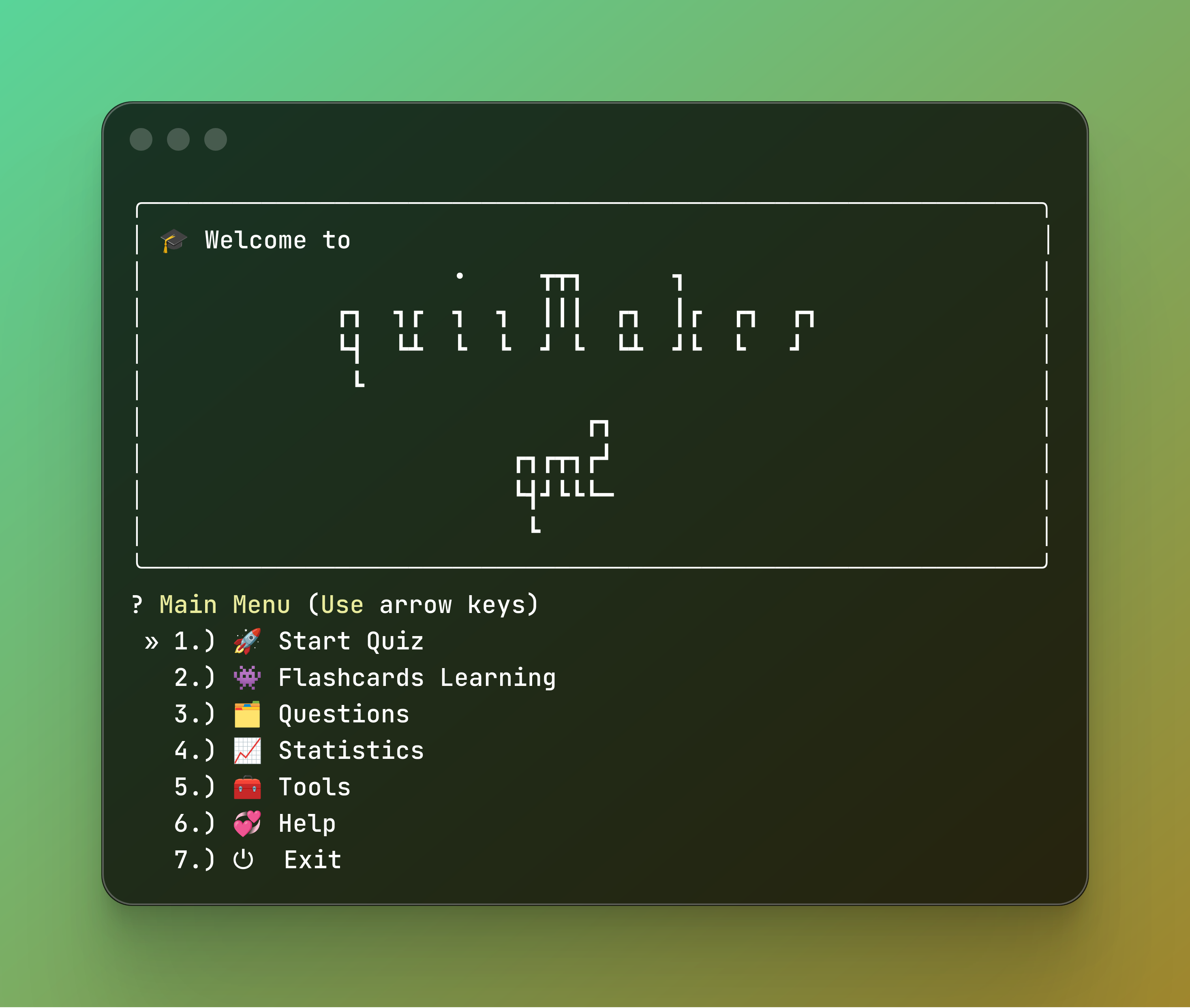 QM2 - Modern Python CLI Quiz Maker application main menu featuring ASCII art and interactive terminal UI on a green gradient background