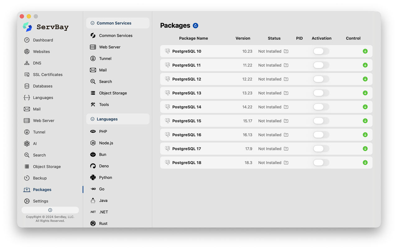 Cài đặt PostgreSQL bằng một cú nhấp chuột trên ServBay