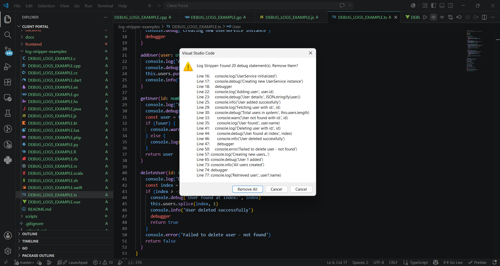 Preview & Strip Current File | Shows preview, then strips on confirm
