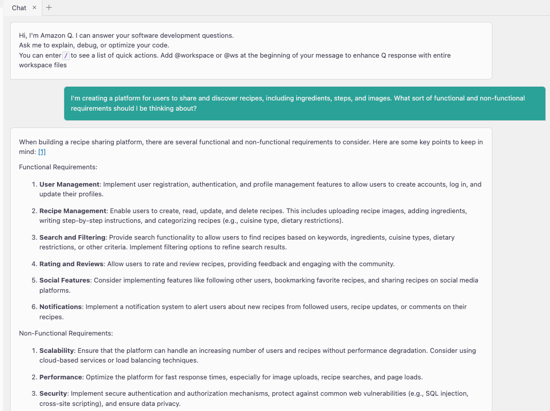 Asking Amazon Q Developer a question about analysis, requirements, and planning
