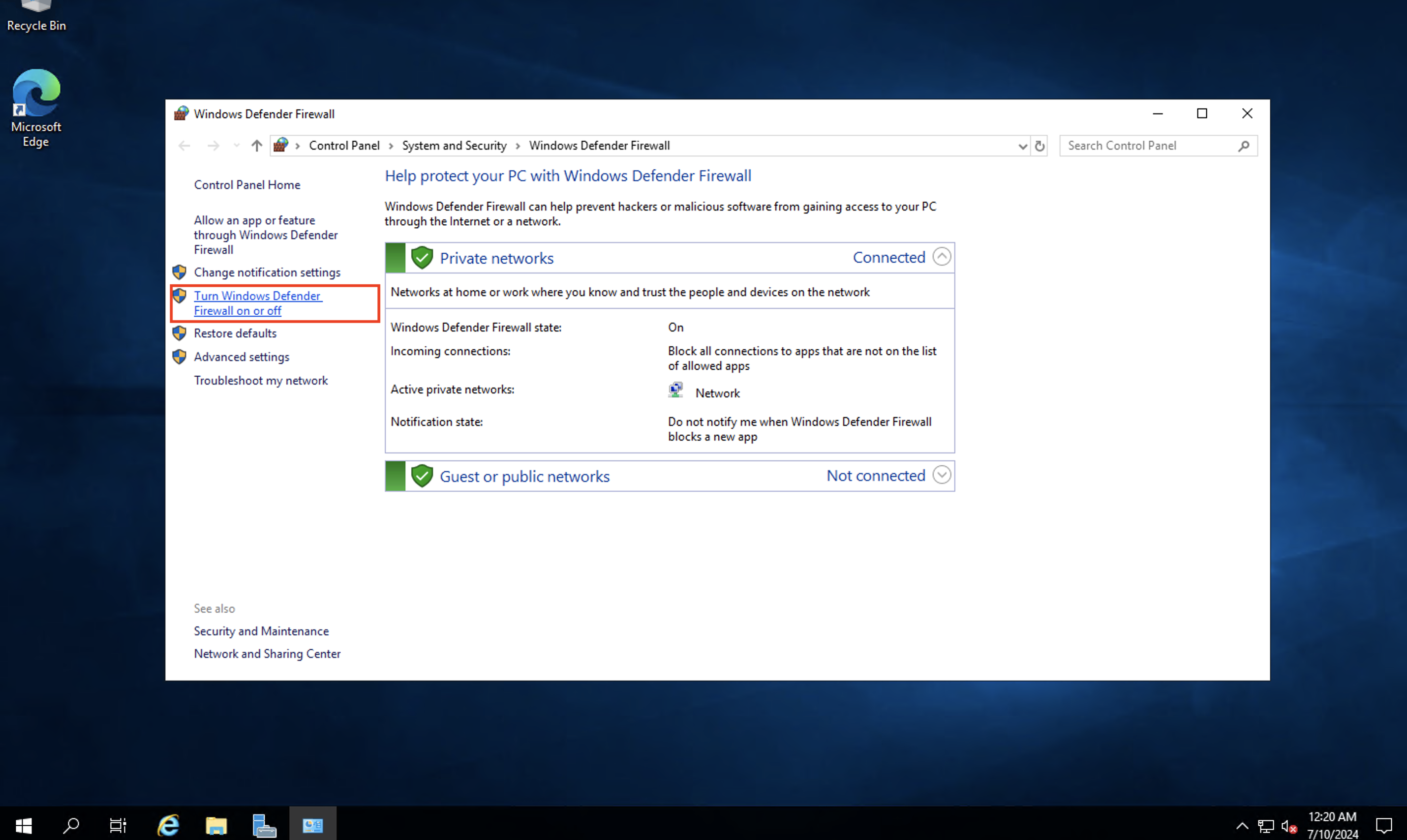 turn Windows Defender Firewall on or off