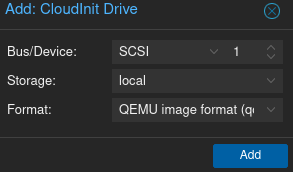 Proxmox GUI for the CloudInit Drive setting. The drive is set to SCSI.