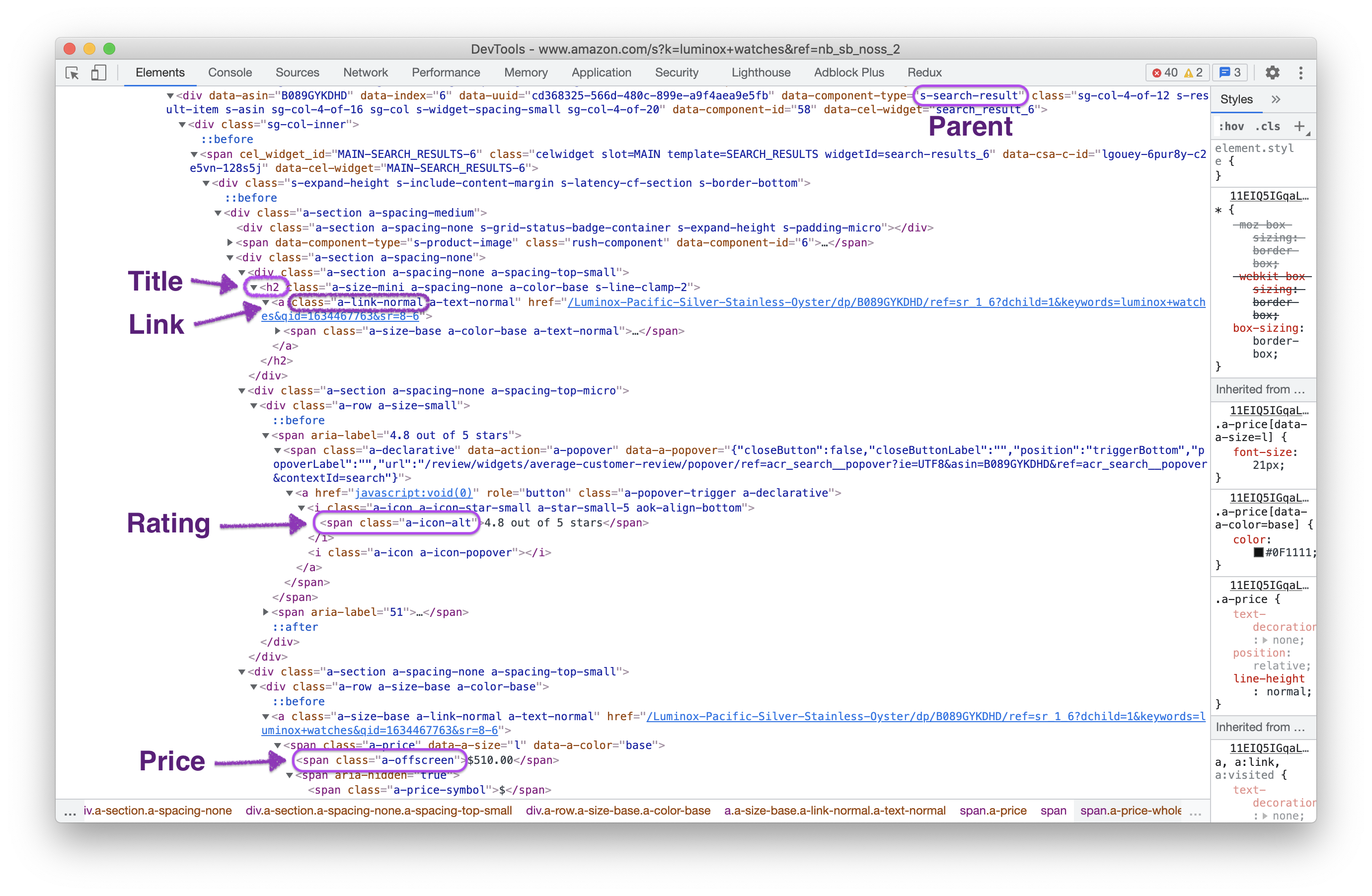 Search result HTML breakdown