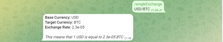 Screenshot on how to find a one-to-one exchange rate using Telegram bots
