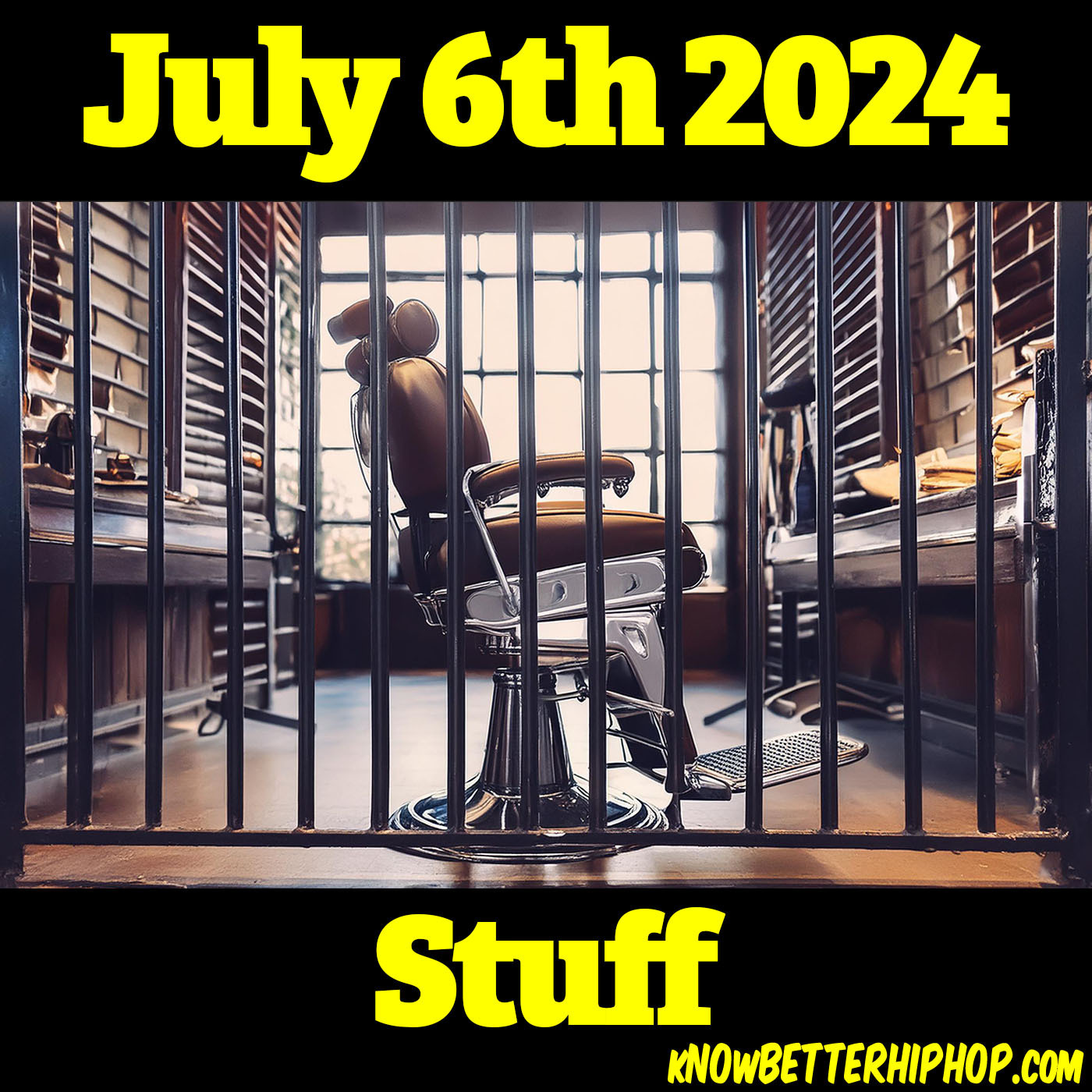 Radio show episode image of an AI generated image of a barber's chair behind prison bars with the words July 6th 2024 Stuff