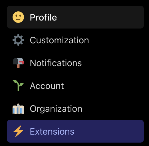 A screenshot of the dev.to user settings navigation with the "Extensions" link highlighted
