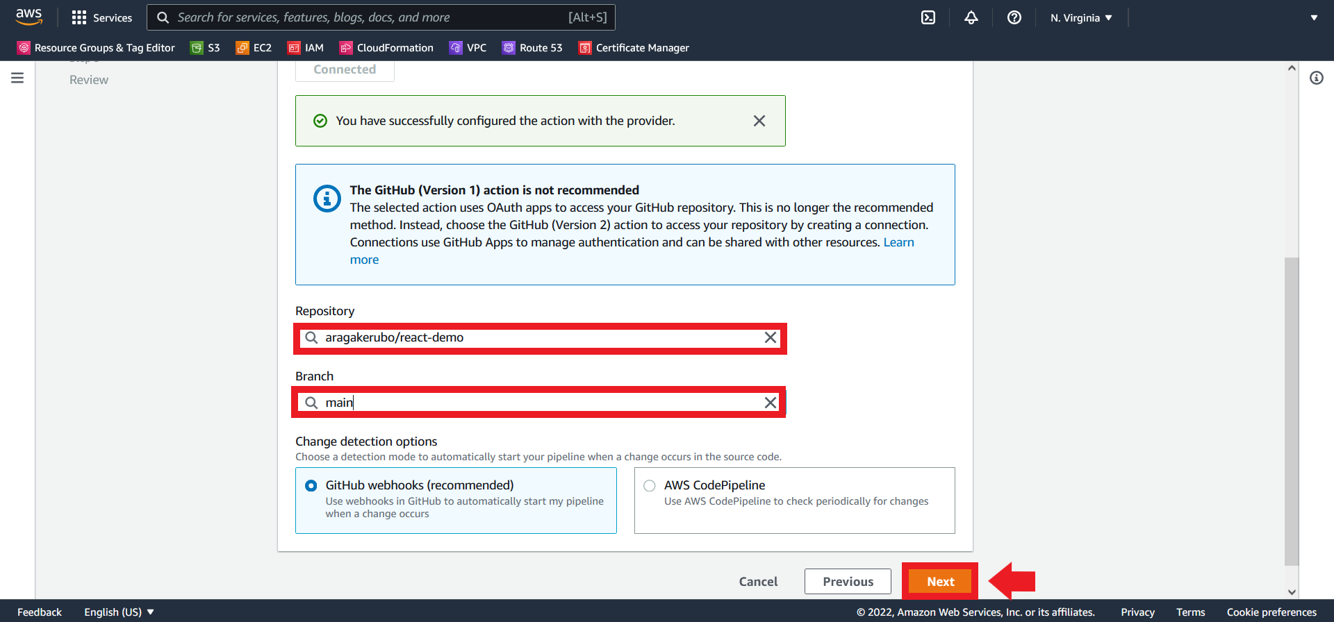 Select Repo and Branch