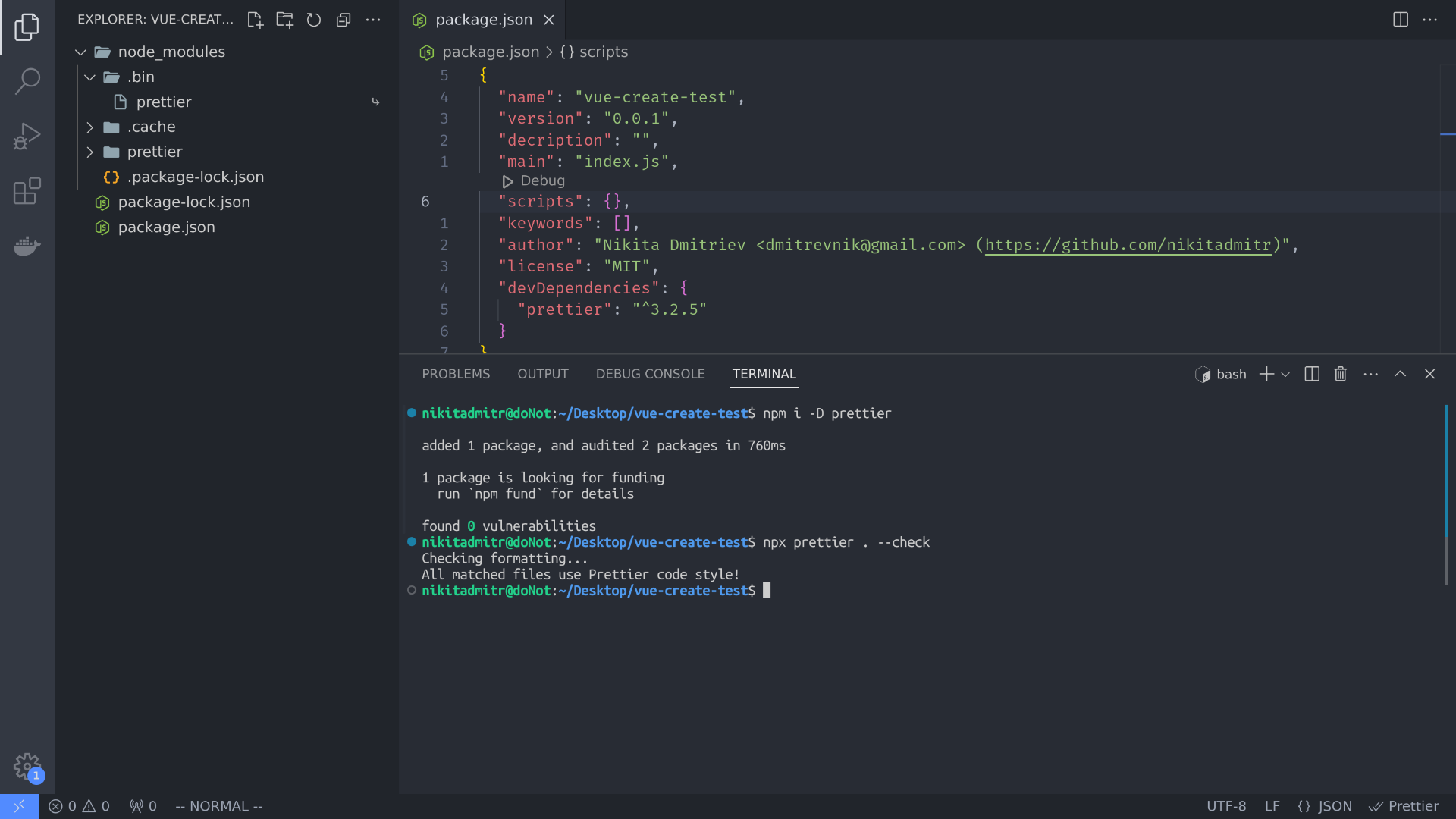 The terminal demonstrates running the command 'npx prettier . --check' to check the code formatting using Prettier