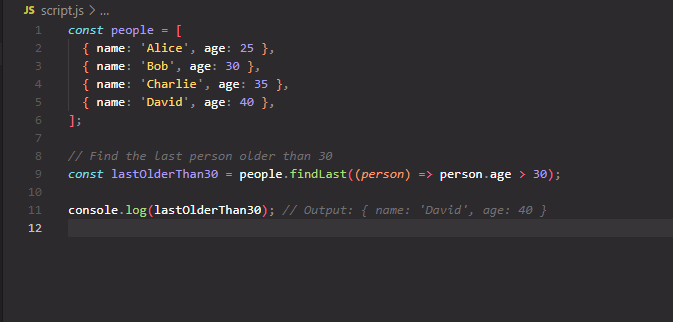 A series of code showing the use of the findLastIndex feature
