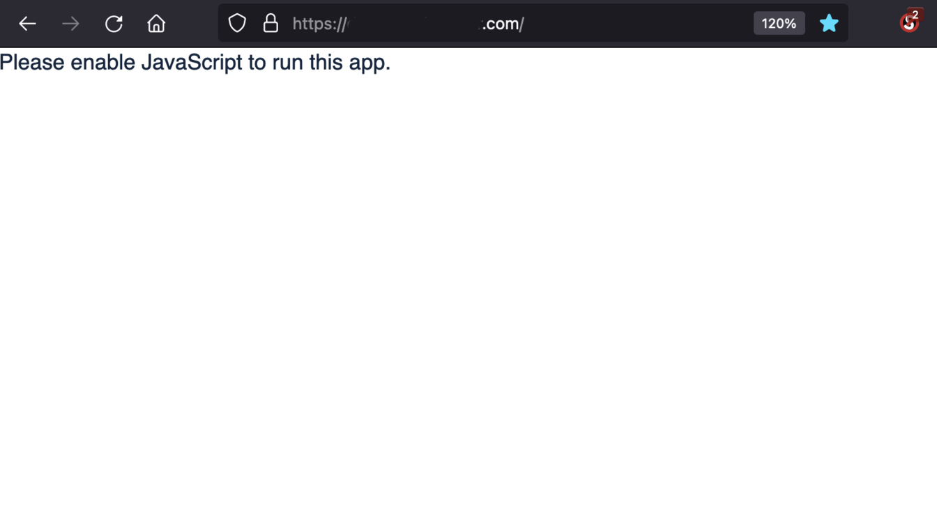 Deno Fresh Stack: Screen capture shows a web page in Firefox with the NoScript plugin. The url is redacted. There is no page content rendered just back text reading 'Please enable Java Script to run this app' on a white background.