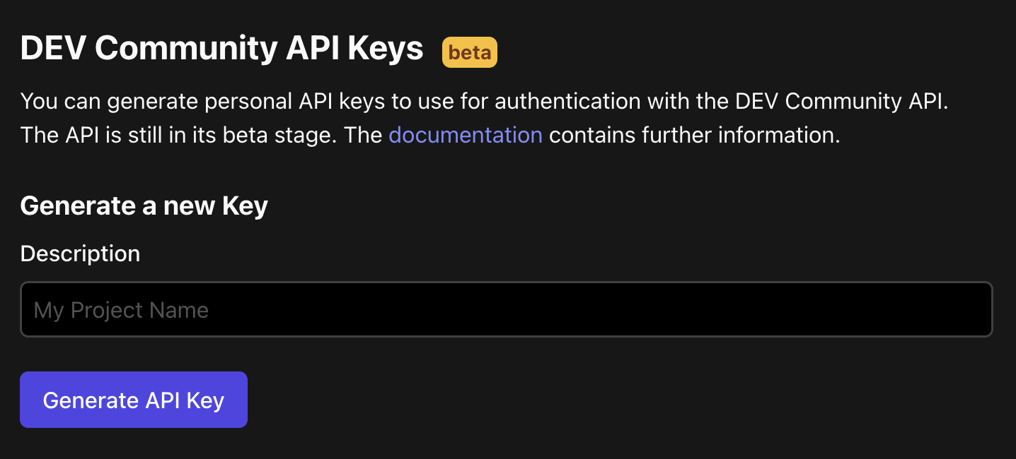 A screenshot of the "DEV Community API Keys" section of the Extensions page